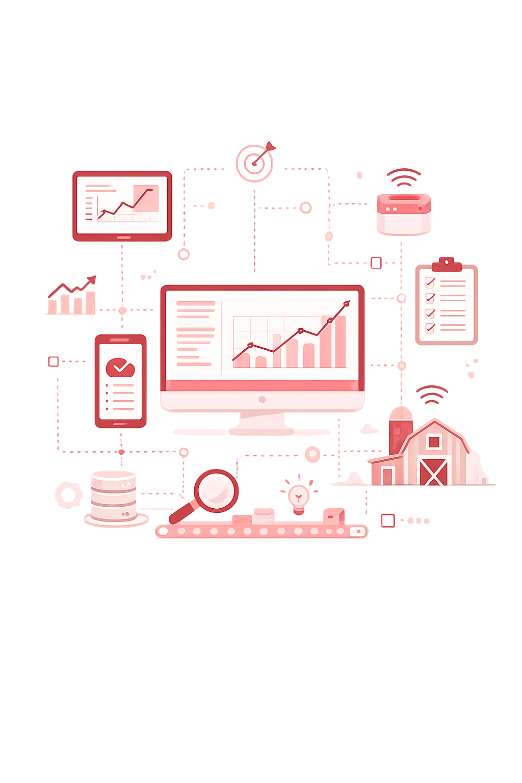 Red graphic of laptop analytics dashboard with charts and social media icons